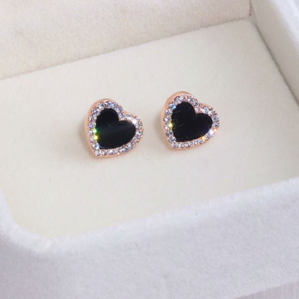 Gold Black Heart Diamond Stud Earrings - Picture 3 of 4